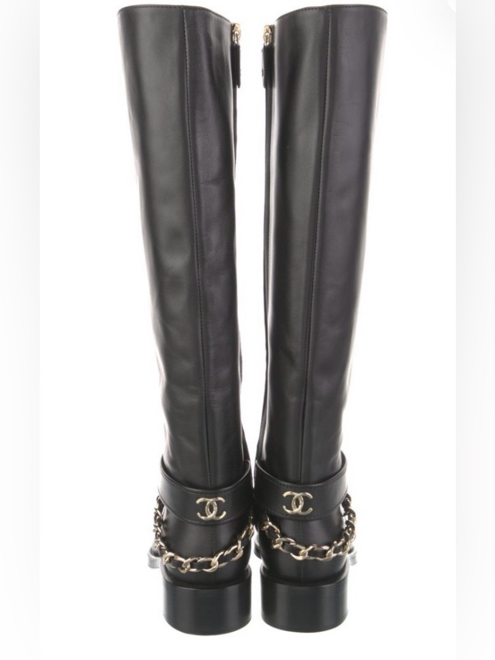 $2150 CHANEL Black Leather Over-the-Knee Boots with Gold Chain & CC logo